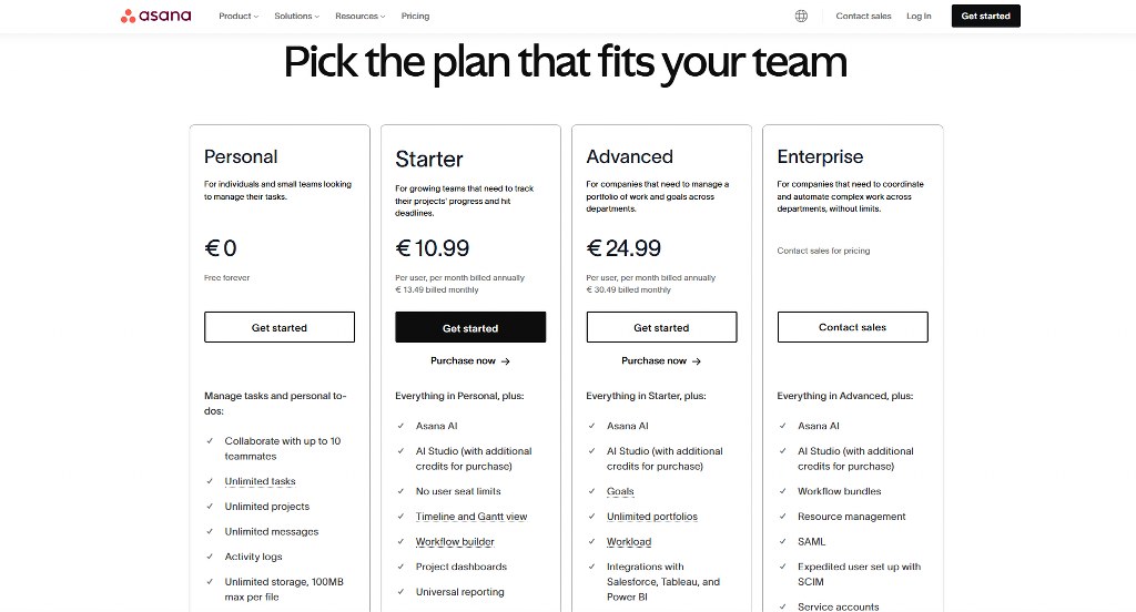 Asana's pricing page.
