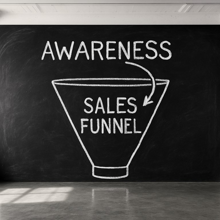 Awareness stage of a sales funnel on a blackboard.