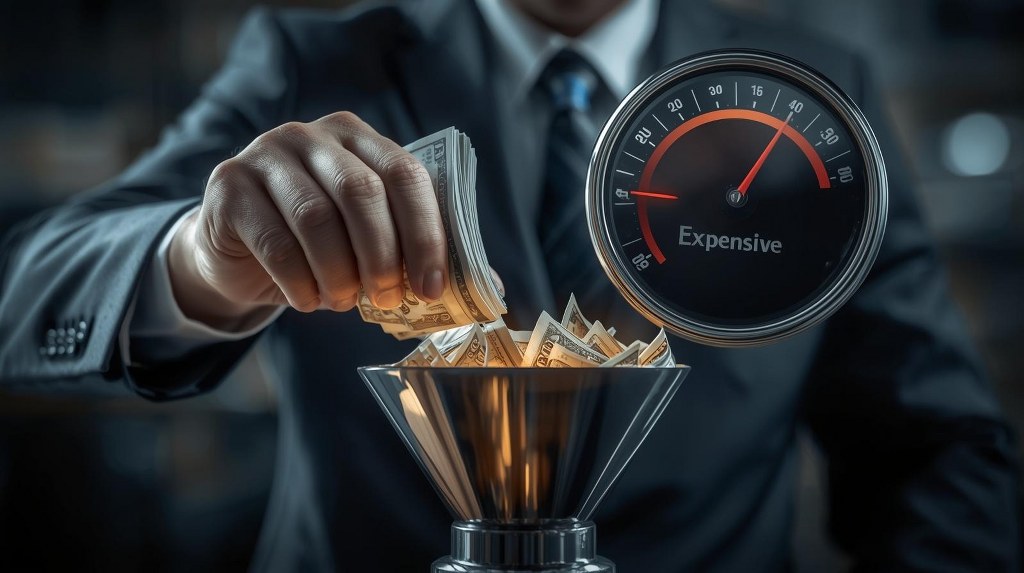 Business man puts money inside funnel beside an expensive meter.