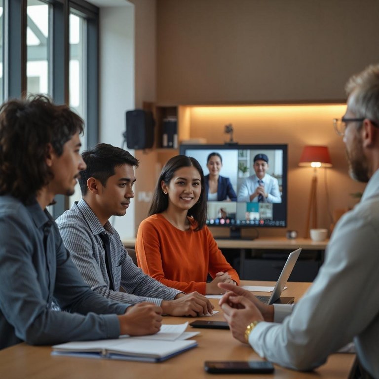 Client having a meeting with team in-office and online.