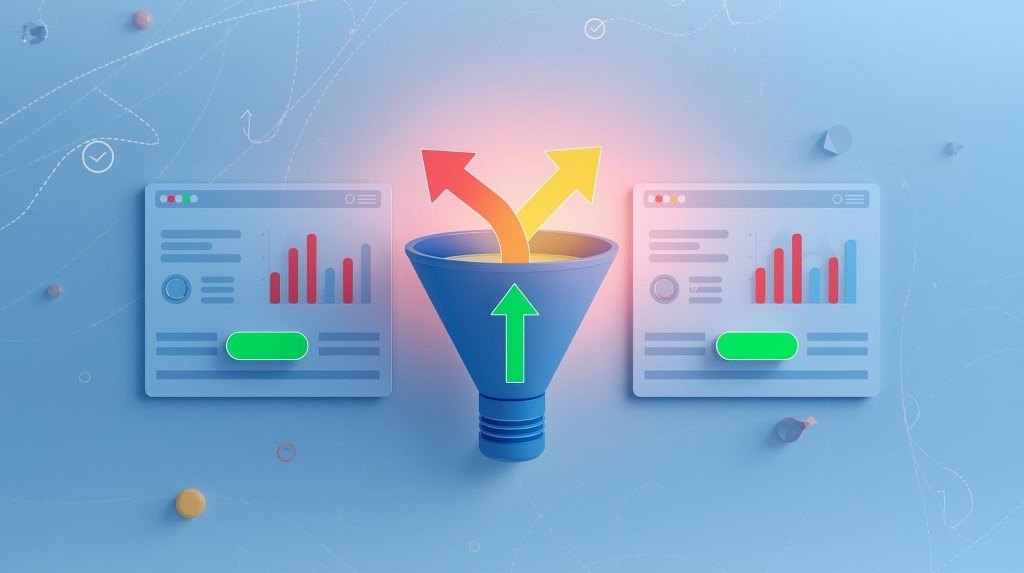 Conversion funnel visually transforming red downward arrows into vibrant green upward arrows. 