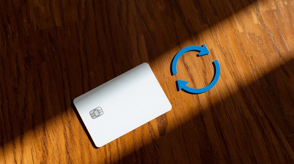 Creditcard flatlay on table besides looping arrows.