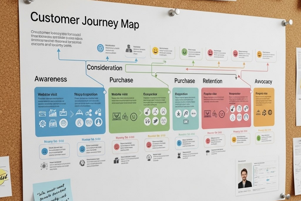 Customer journey map pinned to the board.