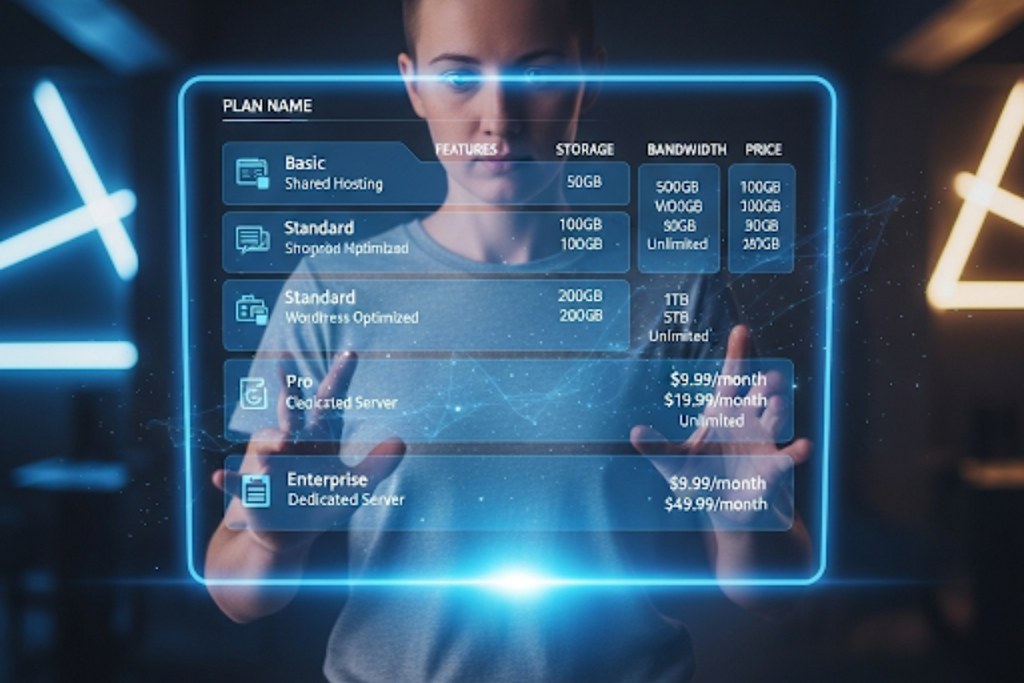 Customer looking at hologram of web hosting plans.