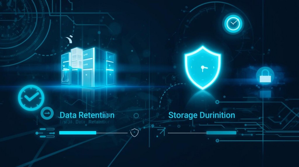 Dashboard interface shows settings with dropdown menus labeled “Data Retention” and “Storage Duration.”