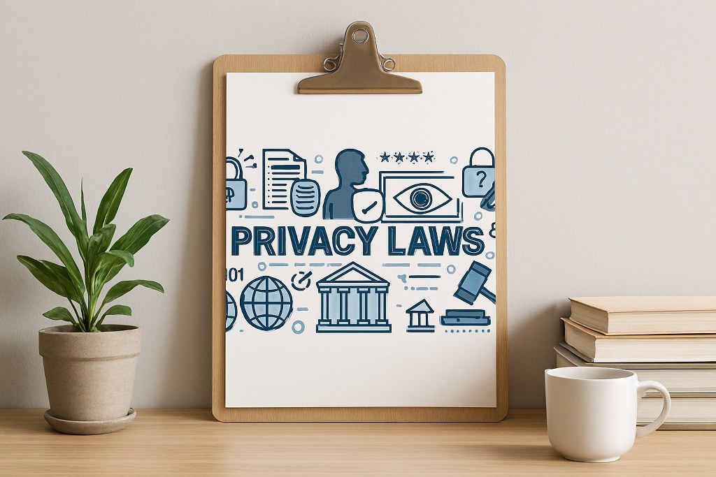 Data privacy laws illustration on a clipboard.