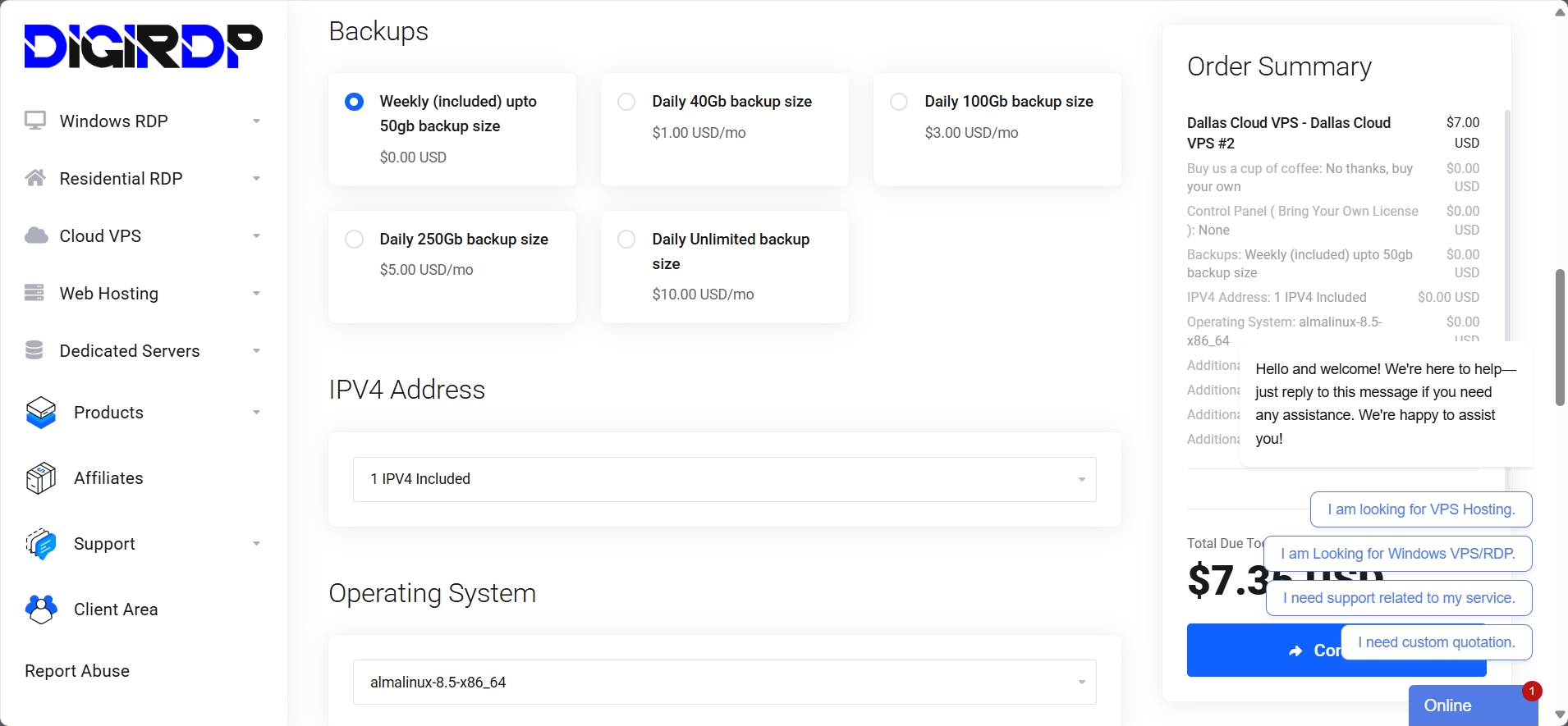 screenshotof the backups menu
