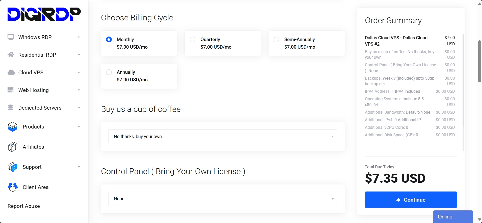 screenshot of the order summary