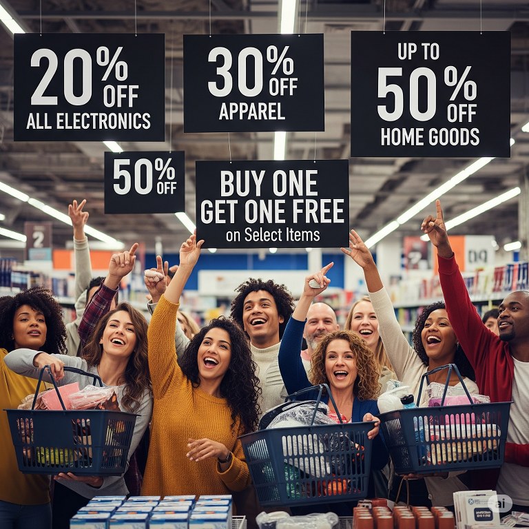 Different discount percentages and happy customers.