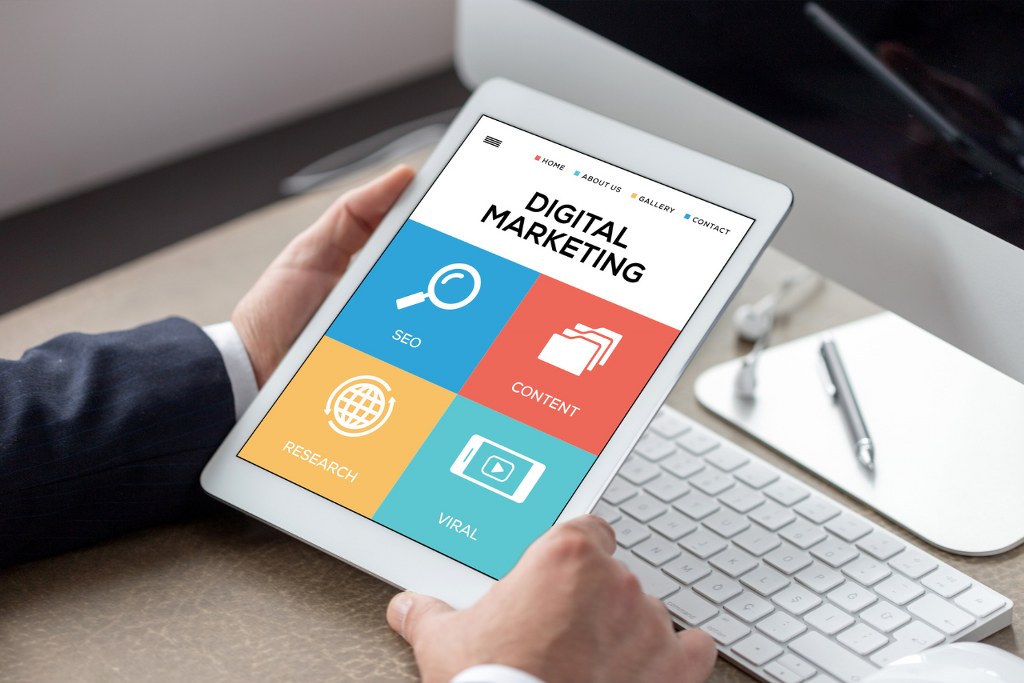 Digital marketing plan displayed on tablet screen.