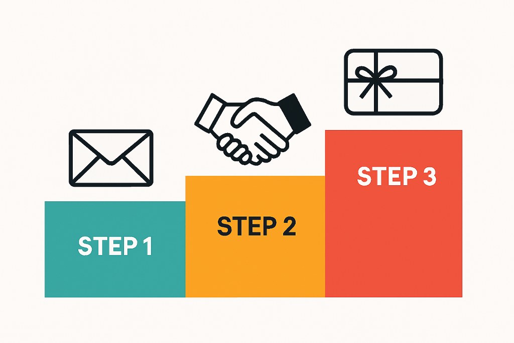 Email outreach, referrals and gift card illustration.