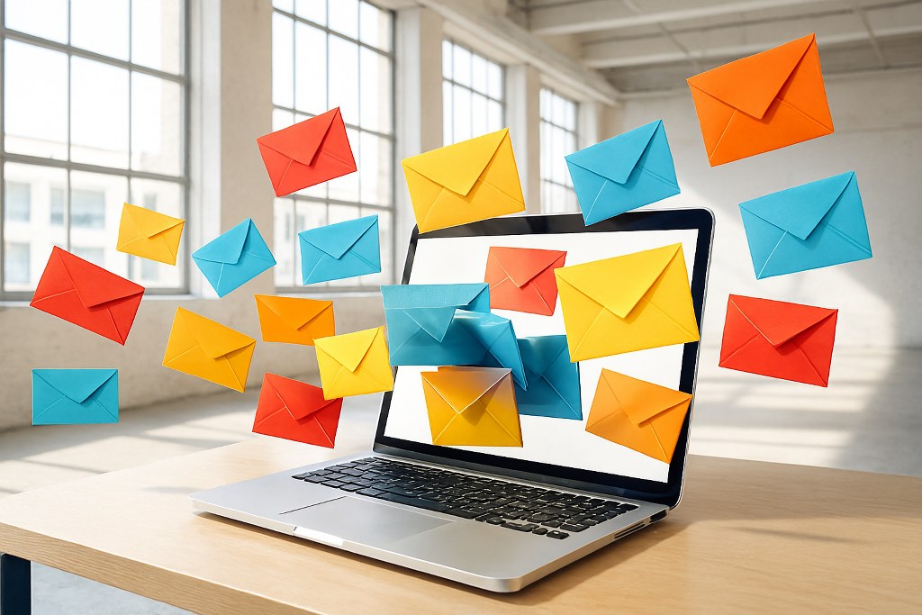 Envelopes coming out of a laptop.