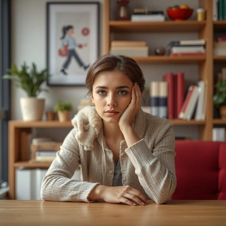 Female buyer feeling remorse after making purchase.