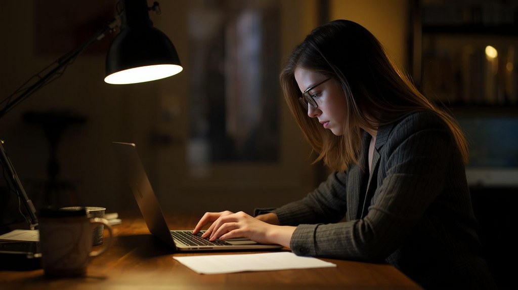 Female writer creating written content.