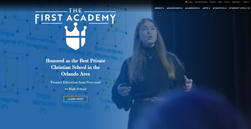 First Academy's website homepage.