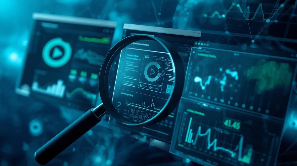 Floating digital dashboards display website interfaces with playback bars.