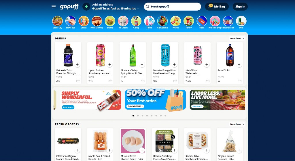 GoPuff website homepage.