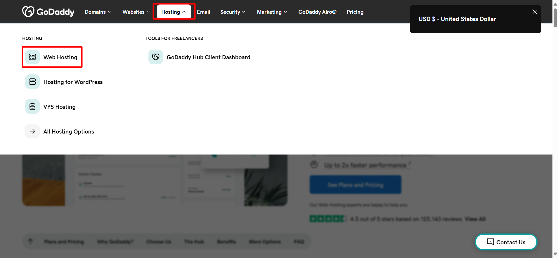GoDaddy Webhotell-knapp
