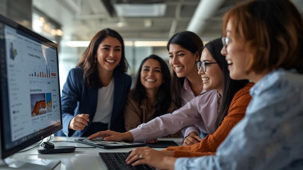 Group brainstorming while looking at monitor screen.