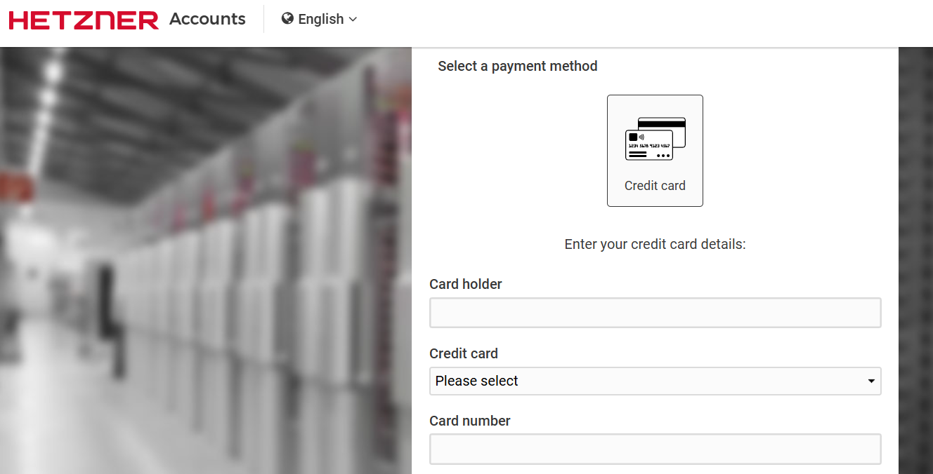 Hetzner checkout screen showing payment methods and order summary