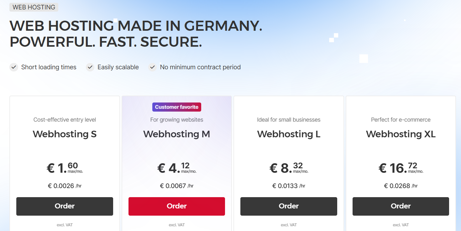 Cuadro comparativo de planes Webhosting de Hetzner que muestra las opciones de planes S, M, L y XL y sus precios