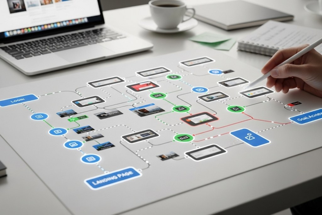 Hand drawing out website user flow.