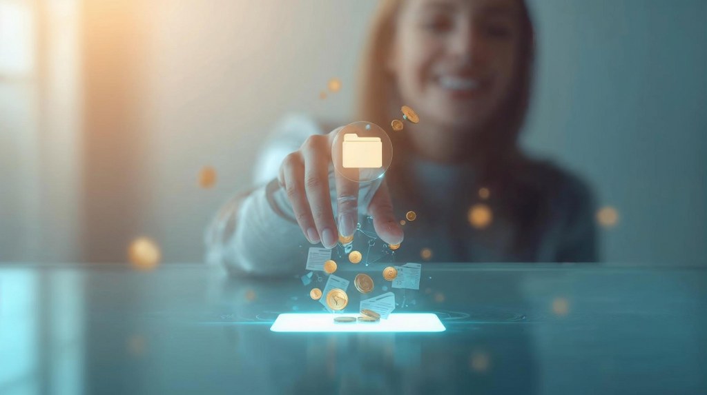 Hand reaches from a glowing screen, effortlessly gathering scattered documents and coins. 
