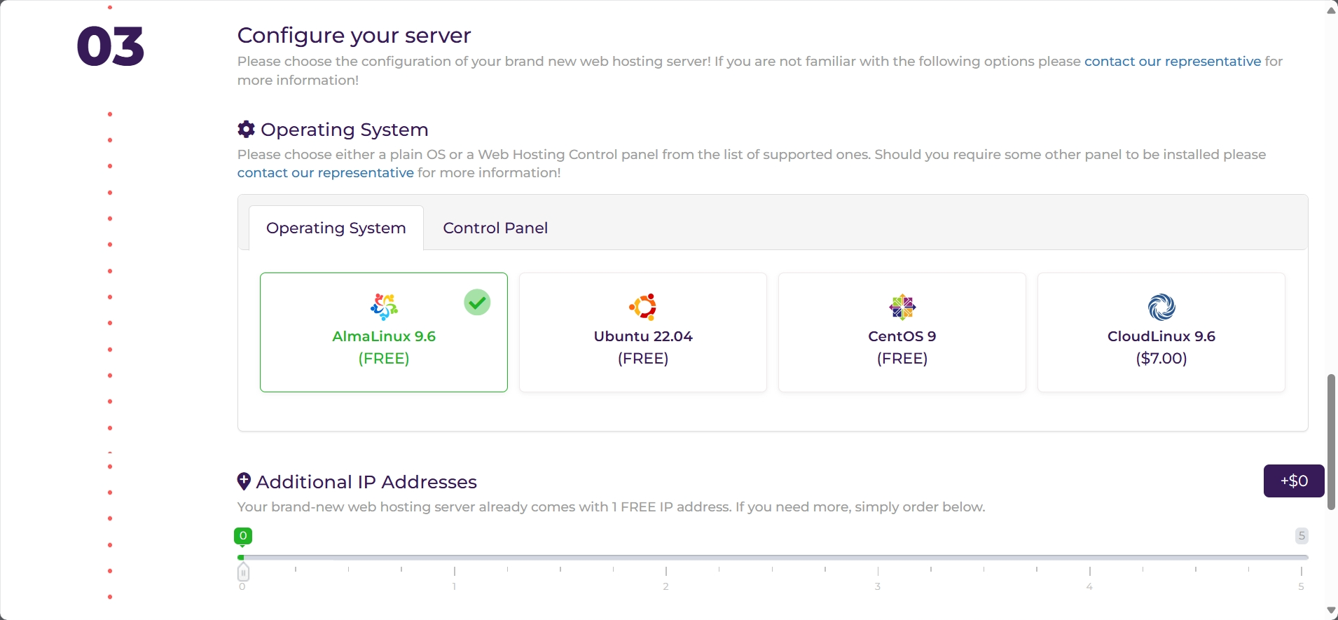 screenshot of Server configurations menu