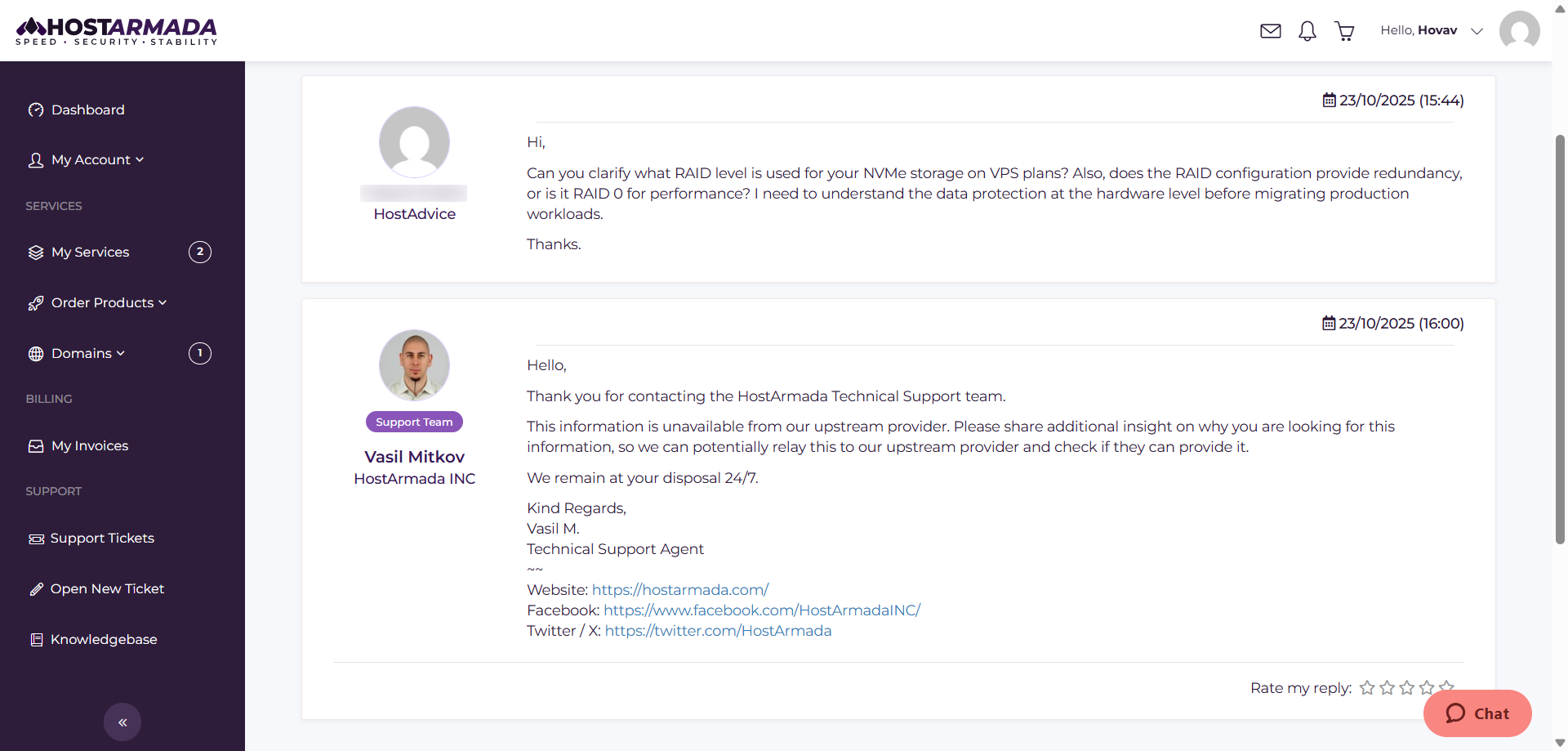 screenshot of Livechat conversation