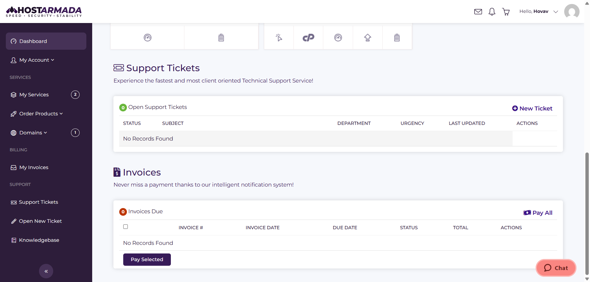 screenshot of Support tickets and Invoices tabs