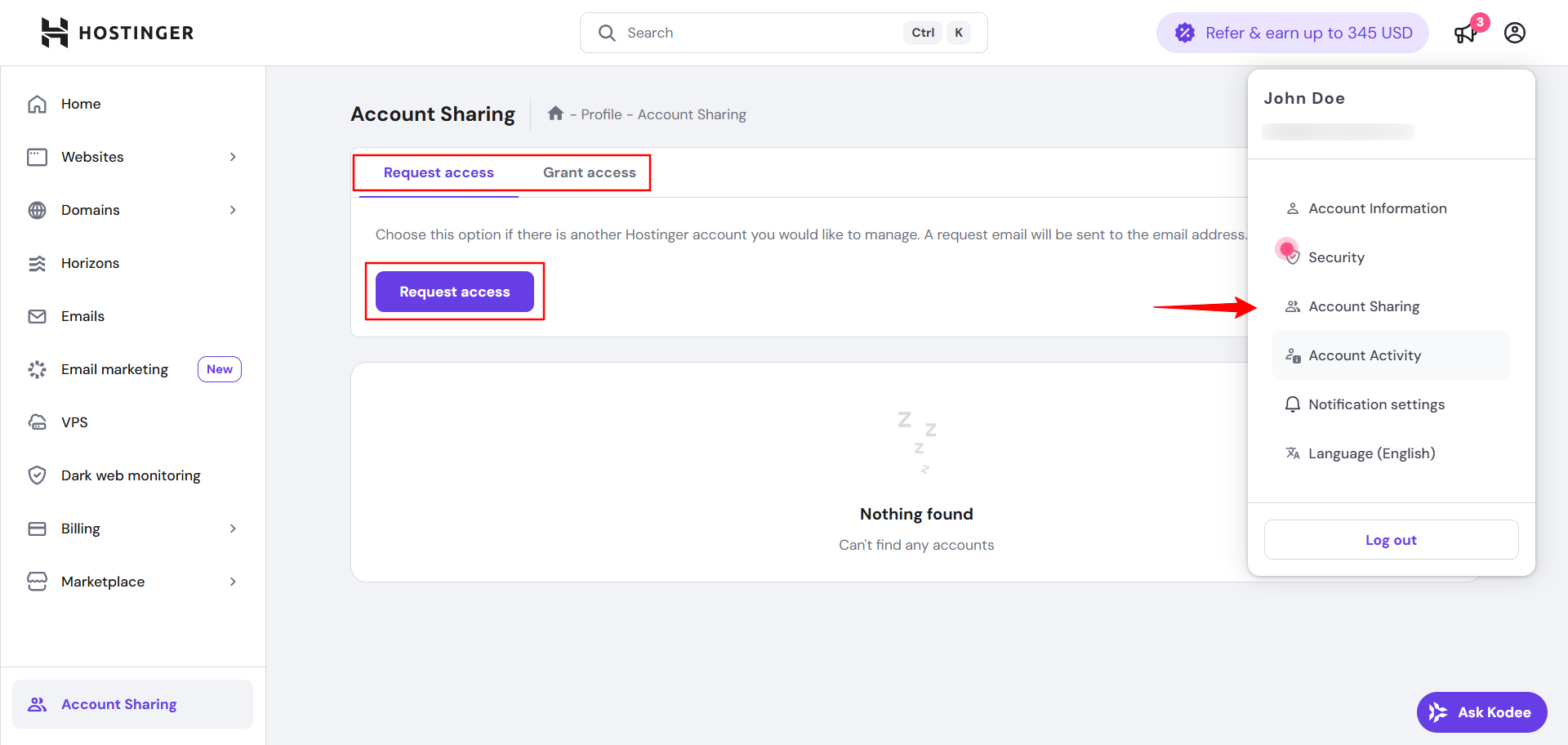 Account Sharing menu