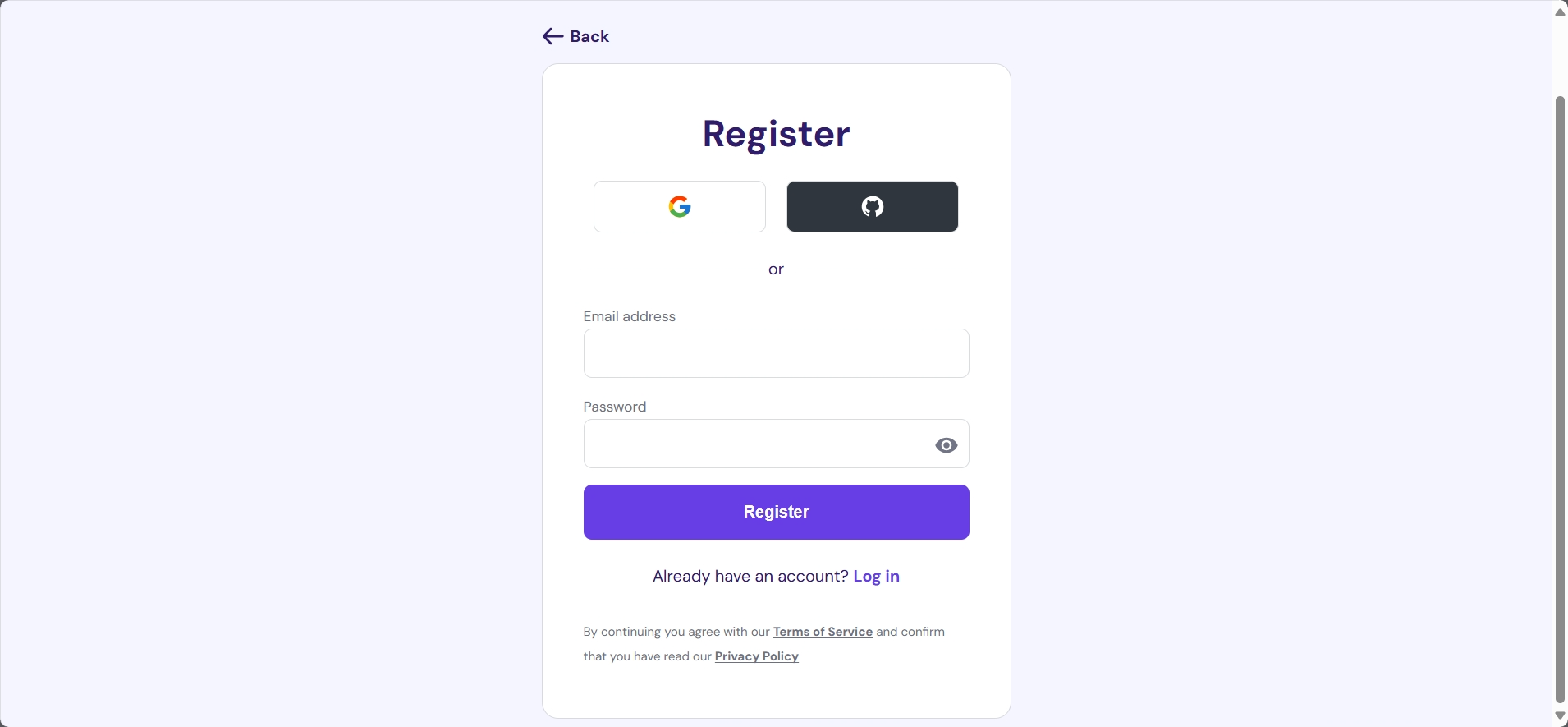 screenshot of Signup form