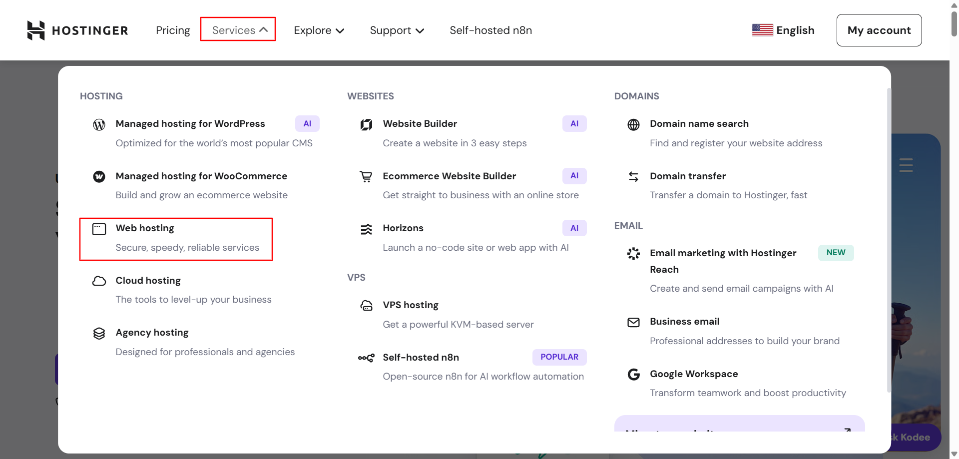 screenshot of Web Hosting button