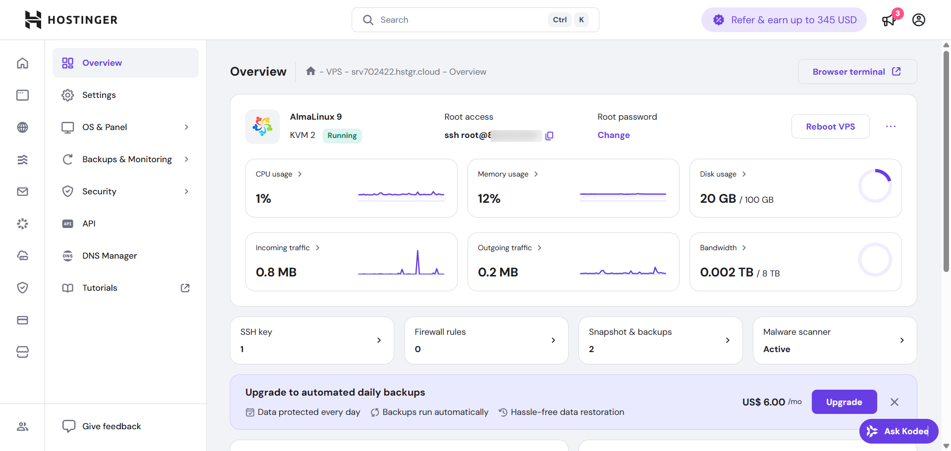 Hostinger's dashboard overview