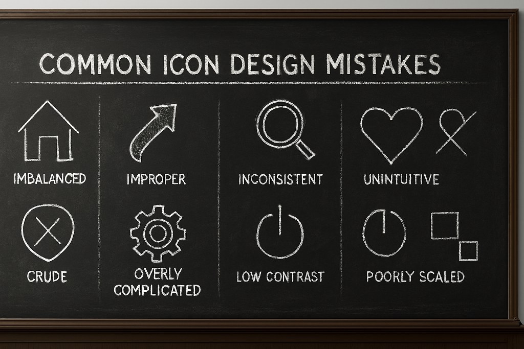 Icon design mistakes on a blackboard.