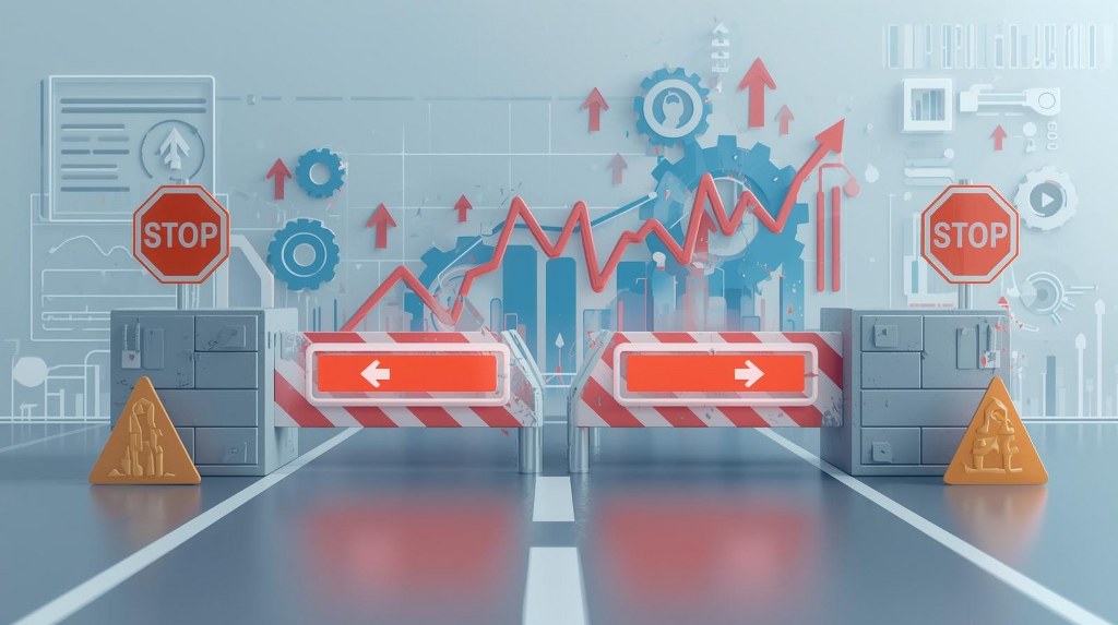 Large abstract barriers appear inside the user journey flow, preventing progress.
