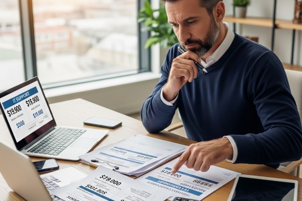 Male business owner comparing prices of IT support.