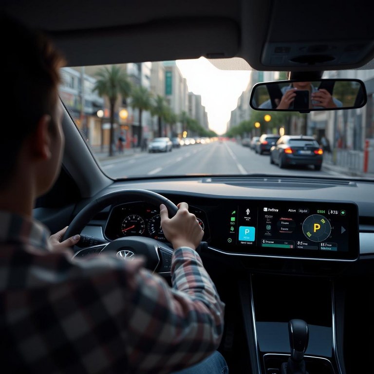 Male diriving looking at dashcam with AI showing available parking.