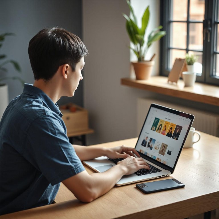 Male person using laptop and adobe.