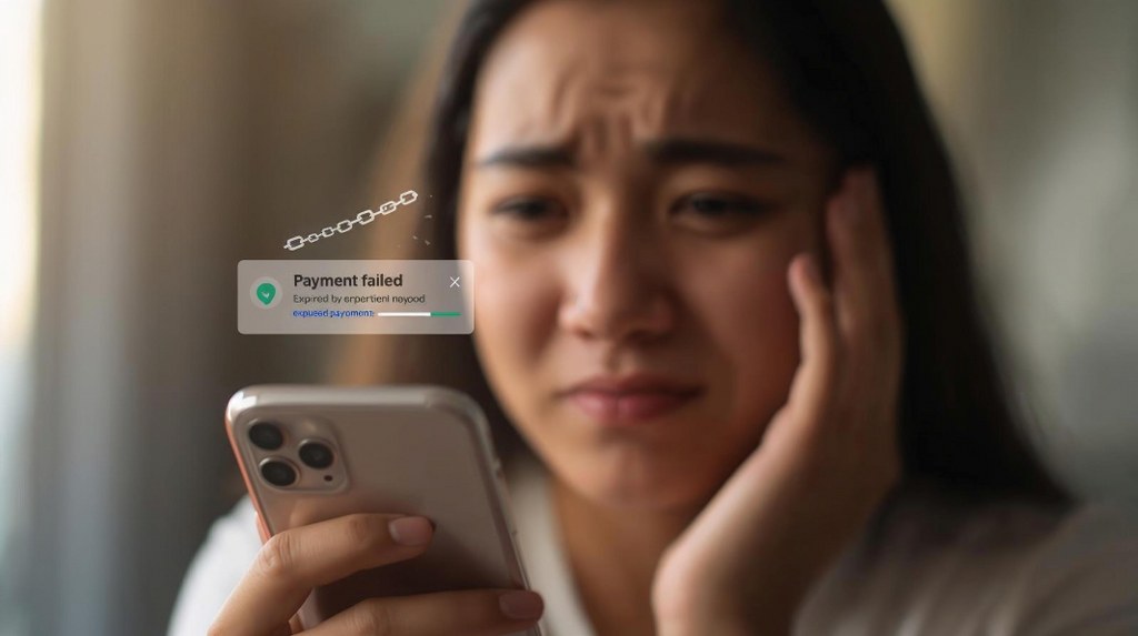 Male person with concerned looking at smartphone, above phone shows an alert Payment failed.