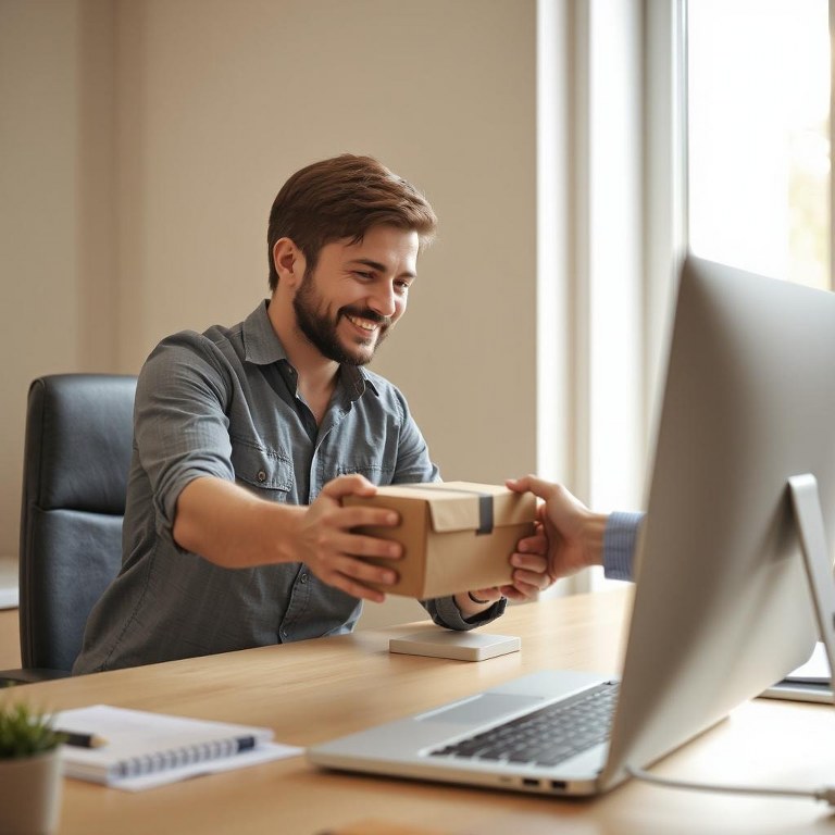 Man gets order from hand sticking out of computer.