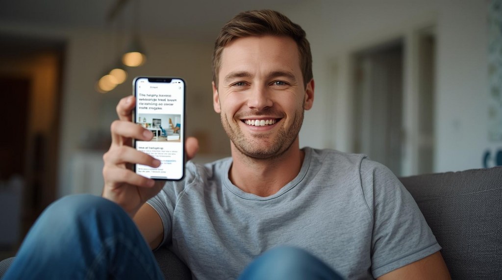 Man showing cleaning website on his phone while smiling.