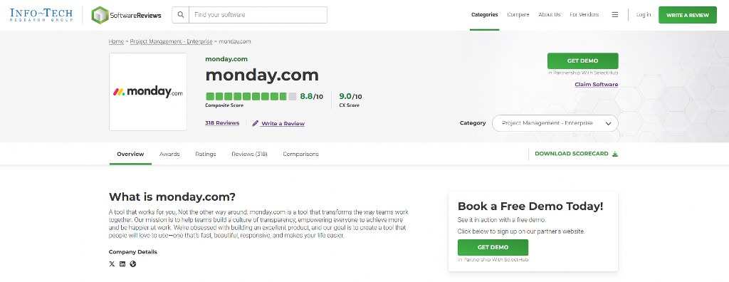 Monday.com feedback page on Software Reviews website.
