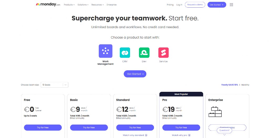 Monday.com pricing page.