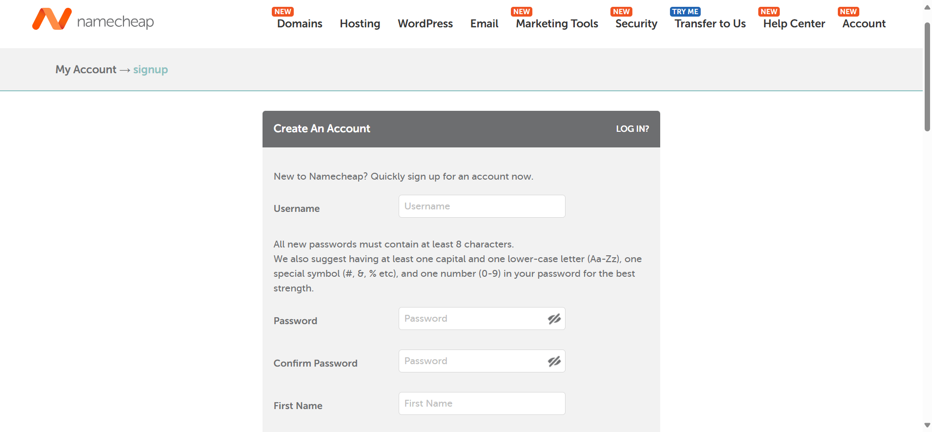 screenshot of the Sign Up form