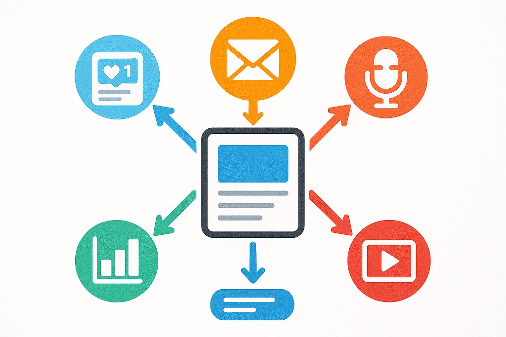 One central content icon with arrows branching out to multiple formats.
