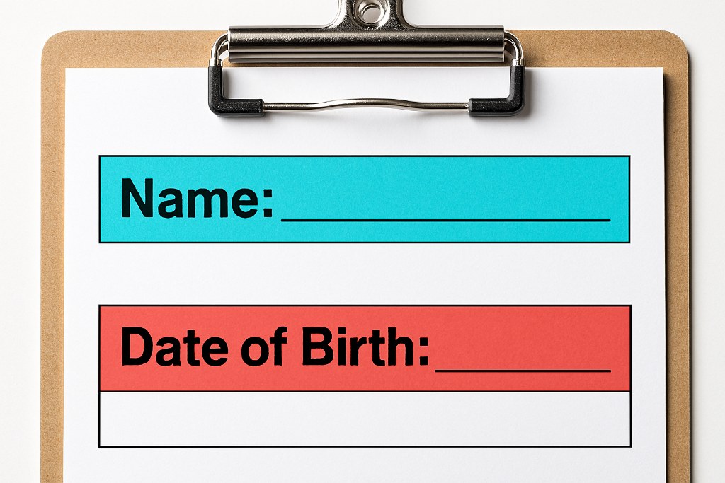 Open text fields for name and date of birth.