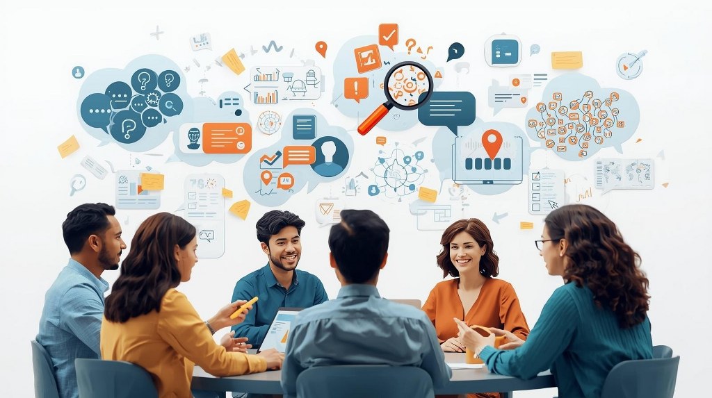 People are engaged in a focus group discussion, with speech bubbles
