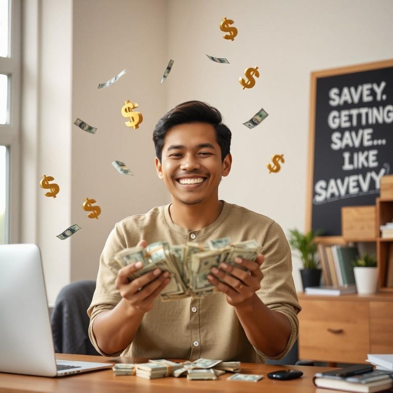 Person happy while holding money.