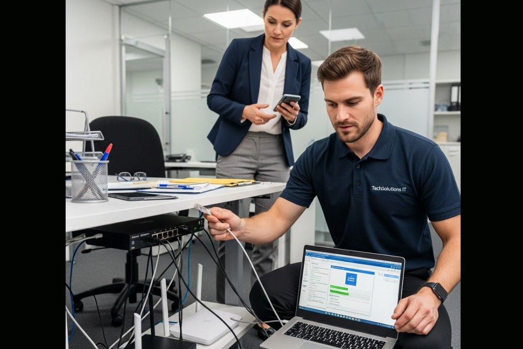 Professional IT male fixing slow internet issue.